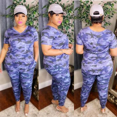 China D 2021 New Camouflage Style Slim Fashion V-neck Anti-pilling Casual Suit Plus Size Women's Two-piece Suit for sale