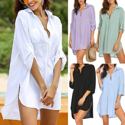 China 2021 Summer New Women's Sheer Color Beach Sunscreen Suit Swimsuit Blouse Dress Breathable Deep V Shirt Neckline for sale