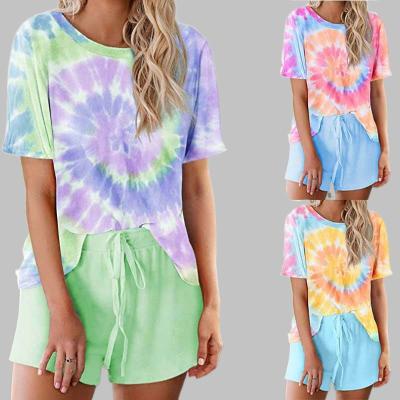 China Breathable 2021 Women's Summer Home Use Casual Short Pants Two-Piece Set Tie Dye Short-sleeve Pajamas Suit for sale