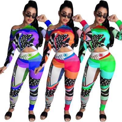 China Breathable 2021 Women Autumn Clothes 2 Piece Set Women Crop Top Printed Two Piece Tracksuit Set Women for sale