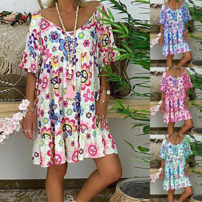 China LZX Summer Breathable Women's Casual Loose Floral Oversized Short Sleeve Boho Mini Dress Ladies Short Dress for sale