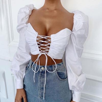 China Latest Design Anti-pilling Puff Sleeve Women Blouse Tops Bandage Fashion Tops Women Clothing for sale