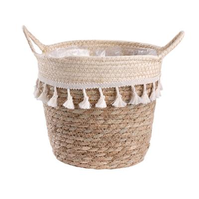 China HXT HOME Cotton Rope Plant Basket Woven Decor Sustainable Home Basket Striped Woven Cotton Rope Planter With Sea Grass for sale