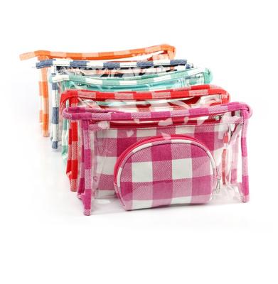 China Korean Fashion 3pcs/Set Clear Buffalo Plaid Canvas PVC Makeup Bag Makeup Traveling Pouch for sale