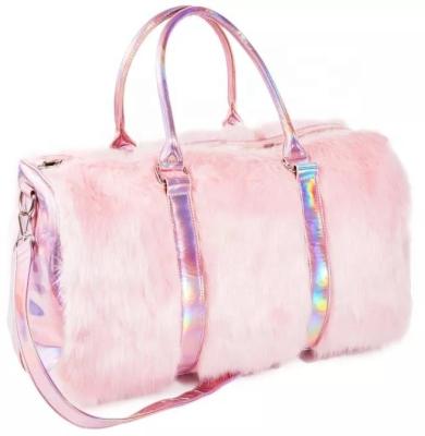 China High Quality Bag Designer Large Women Pink Fashion Laser Fur Weekender Stylish Holographic Plush Duffle Travel Bag for sale