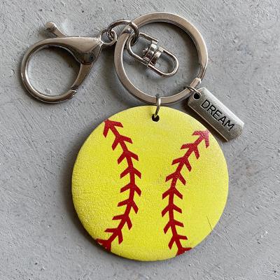 China Personalized Everyday Life Blank Sports Ball Softball Baseball Key Chain Monogram Wooden Disc Key Chain for sale