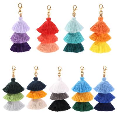 China Wholesale Bohemian Daily Life Solid Color Three Layer Cotton Tassel Key Chain Women Bag Charm Key Chain Pendant for sale