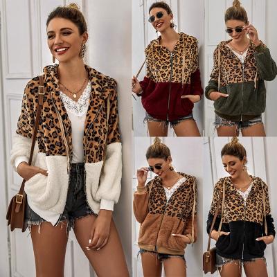 China 2021 Latest Fashion Leopard Print Breathable Patchwork Women Fluffy Fleece Sweatshirt Hoodies Fuzzy Tops for sale