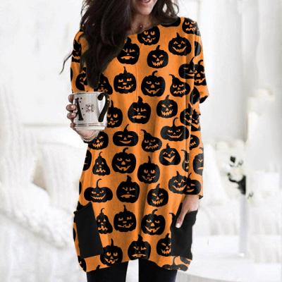 China 2021 New Fashion Halloween Pumpkin Spider Bat Prinit Breathable Fancy Long Sleeve Loose Casual Dress For Women for sale