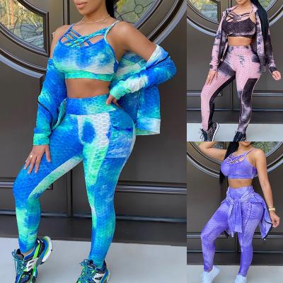 China 2021 fashion new breathable wholesale jacquard tie-dye print yoga vest pants jacket women's three-piece set clothing for sale