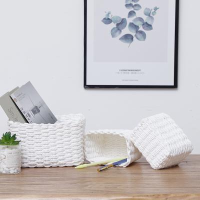 China Eco-Friendly and Durable Storage Recycled Nature Decorative White Rope Paper Basket Storage Basket Set of 3 for sale