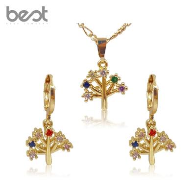 China Cute Jewelry Copper Tree Of Life Pendant Earrings Necklace Creative Jewelry Set Gem Set For Ladies Colorful for sale