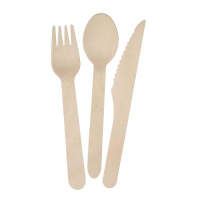 China Birchwood Camping Biodegradable Eco Friendly 160mm Cutlery Set Wooden Spoon Knife And Fork With Napkin for sale