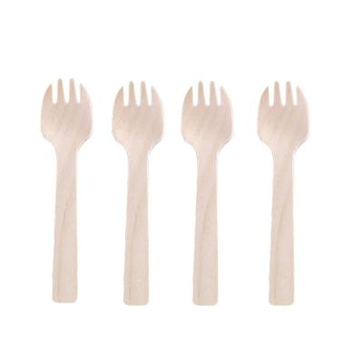 China Mini Disposable Wooden Camping 2 in 1 Fruit Ice Cream Spoon and Fork Table Sporks Compostable Cuchara-Tenedor for sale