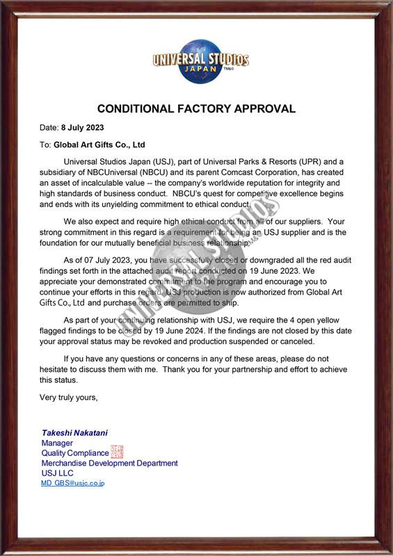 UNIVERSAL STUDIOS Conditional Factory Approval - Global Art Gifts Co., Ltd.