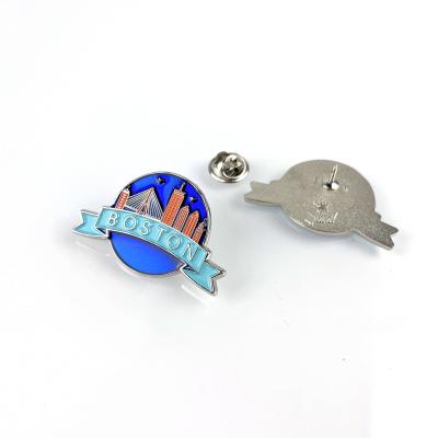 China Unique Design Enamel City Promote Pin Badge With Offset Printing And Silver Sandblasting Material for sale