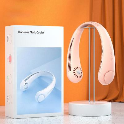 China With Hanging USB 360 Degree Neck Band Fan Portable Leafless Fan 3000mAh Phone Holder Neck Fan and Rechargeable Power Bank for sale