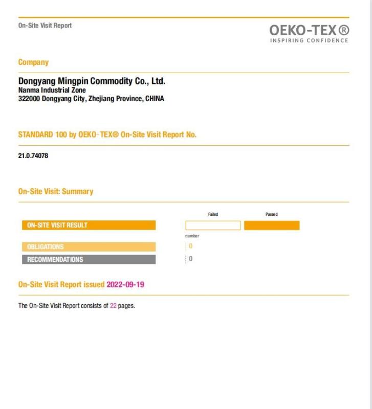 Oeko-Tex standard 100 - Dongyang Mingpin Commodity Co., Ltd.