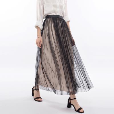 China Long Women's Clothing Printed Casual High Elastic Waist Breathable Plus Embroidery Mesh Skirt Pleated Skirts Women for sale