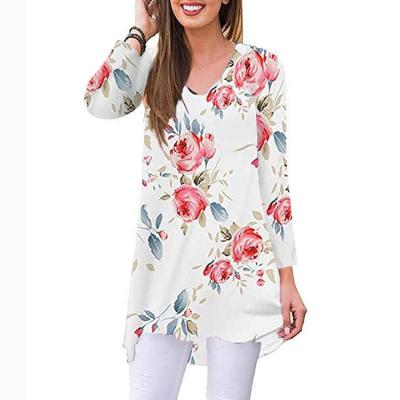 China Informal Anti-Wrinkle Blouse Multiple Colors V Neck Tunic Floral Print Women Custom Long Sleeve T-Shirt for sale