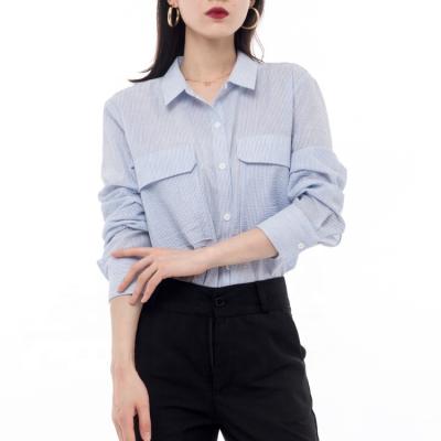 China High Quality Long Sleeves Anti Shrink Striped Pockets Woman Casual Blouse Shirt for sale