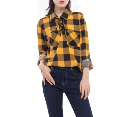 China Breathable Yellow Vertical Stripes Sheath Long Pullover Lapel Lace Up Office Casual Women Plaid Lace Up Shirt for sale