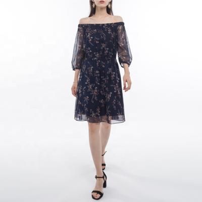 China Wholesale Anti-Static Summer Casual Dress Dark Blue Puff Sleeve Floral Mesh Off Shoulder Dress for sale