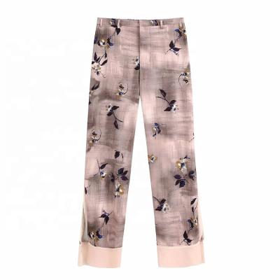 China Anti-wrinkle floral print side split design chiffon women pants casual daily use long summer wide leg pants for sale