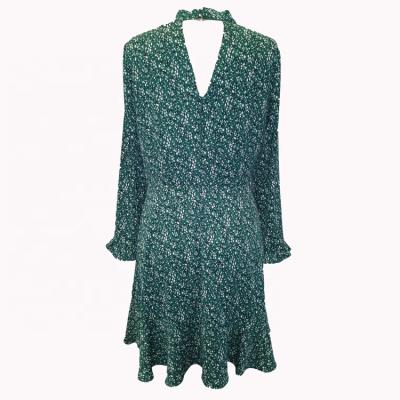 China Fashion Ladies Chiffon Anti-Static V-Neck Green Ruffle Long Sleeve Women Casual Dress for sale