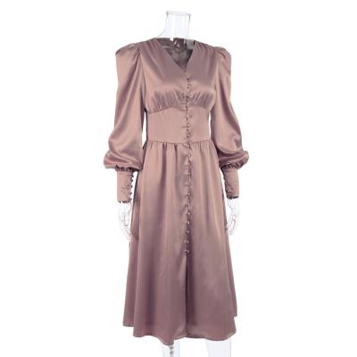 China Women's Anti-Static Hot Casual Satin Lantern Sleeve V-Neckline Long Sleeve Elegant Formal Dress Evening Dress for sale