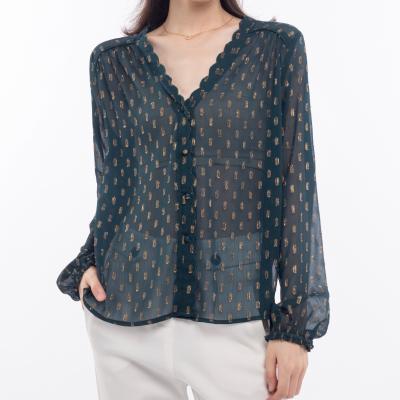 China Wholesale Breathable Polka Dot Flare Hem Women Lurex Dot Chiffon Autumn Long Sleeve Frill V-Neck Blouse for sale