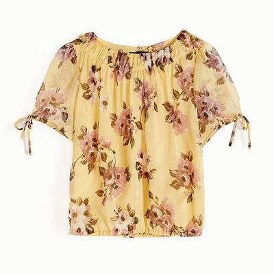 China Anti-pilling short stretching sheath bubble neck blouses printed chiffon tops and blouses women for sale