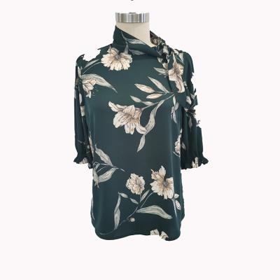 China Breathable Floral Turtle Neck Long Sleeve Chiffon Causal Tops Slim Sleeve Vintage Print Pleated Puffy Blouse for sale