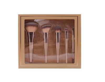 China 100% Synthetic Hair 5pcs Brown Aluminum Makeup Brush Shiny Gift Set for sale