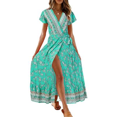 China ZESICA Anti-Static Women's Boho Print Wrap V-Neck Sleeve Slit Beach Party Dress Short Skirt for sale