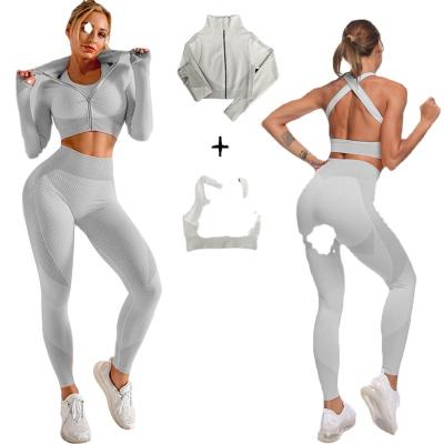 China 2022 New Colors 3Pcs Breathable Gray Sports Gym Clothes Women Yoga Set And Workout Seamless Sets for sale