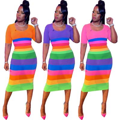 China 2022 Women's Anti-Static Bandage Rainbow Printed Mini Dress Ladies Sleeveless Bodycon Dress for sale