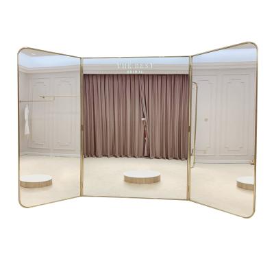 China New Design Wedding Boutiques Boutiques Three Fold Dresses Minimalist Customizable Gold Color Large Integral Floor Mirror for sale