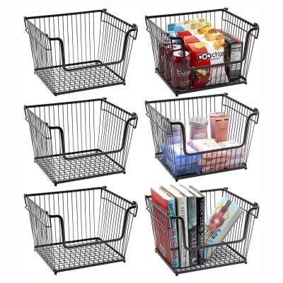 China Stackable Cubby Bins Black 3pcs Storage Baskets Wire Metal Basket Bin for Food, Kitchen, Home, Office Snac for sale