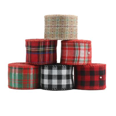 China Simple Christmas Designs Face 63mm Polyester Plaid Custom Cable Ribbon For Wrapping for sale