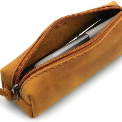 China High End Pencil Case with Genuine Leather Zipper Pouch Pen, Pencil and Cosmetic Case Vintage Crazy Horse Brown (Camel) for sale