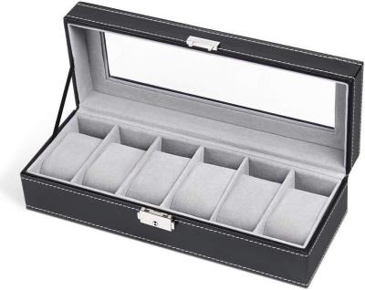 China Leather 6 Slots Leather Watch Box Display Case Organizer Glass Jewelry Storage Black for sale