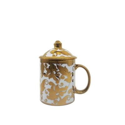 China 10OZ Sublimation Coffee Mug Porcelain Gold Viable Ceramic Mugs With Lid for sale