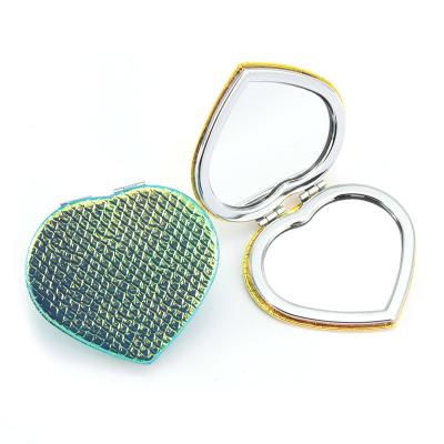 China Magnifying Case Stainless Steel Silver Iron Plating Heart SHAPE PU Makeup Compact Shiny Leather Small Pocket Mirror for sale