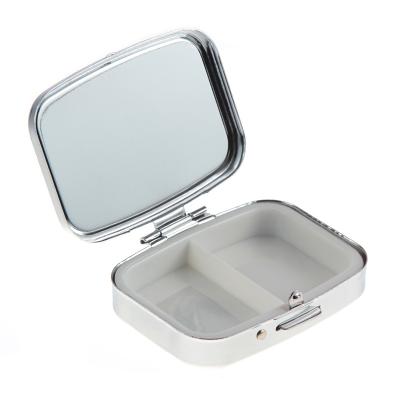 China White DIY Mini Rounded Rectangle 2 Compartment Pill Box Button Compact Enlarging Mirror Case for sale