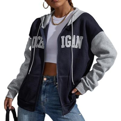 China Anti-wrinkle OEM custom logo lettering printing contrast cotton hoodie perfect for women zipper hoodie for women for sale