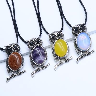 China CLASSIC Natural Stone Owl Necklace Alloy With Crystal Amethyst Owl Lazulite Agate Blue Agate Brooch Pin for sale