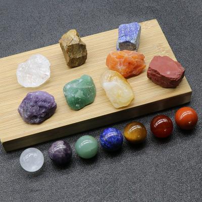 China Yoga Natural Raw Irregular Stone With 20mm Round Ball Seven Chakra Set Energy Healing Yoga Chakra Gift Box for sale