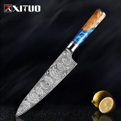 China XITUO Viable Powder VG10 Damascus Chef Knife Cleaver Paring Fish Kitchen Knife Resin Wood Color Steel Blue Handle Cooking Tool for sale