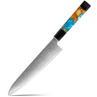 China Viable Professional Japanese Chef Knife Resin Damascus Kitchen Knives 67 Layers And Stable Wooden Octagonal Handle for sale